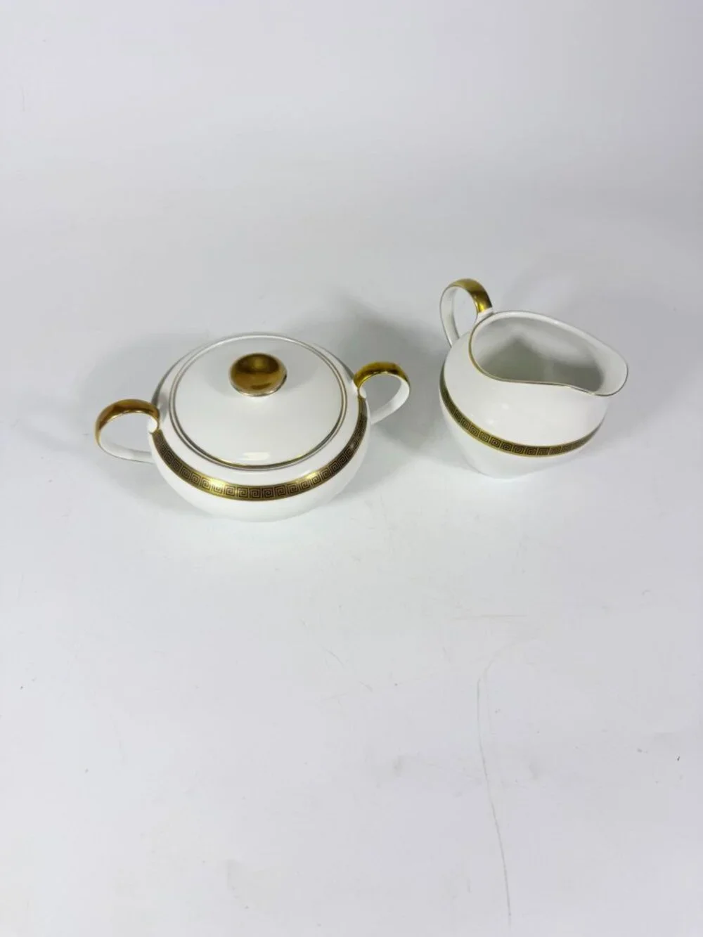 Cream and Sugar Bowl Set Key Largo by Meito Black Greek Key On Gold Band Royal M